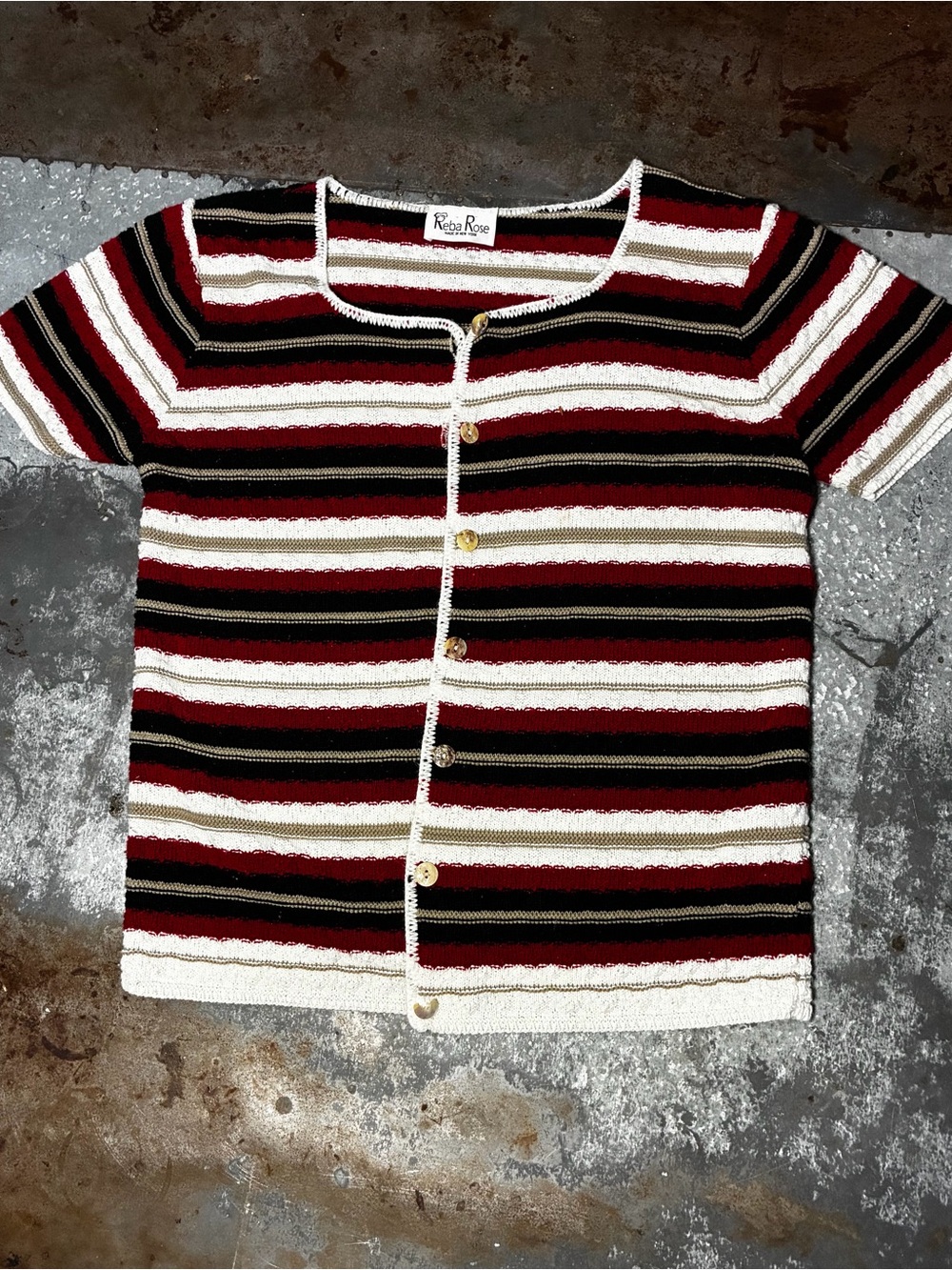 Vintage Reba Rose Striped Knit Button Front Top Women’s Retro Y2K Sweater Tee